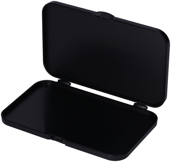 The image shows a black, rectangular case that is open. It has a flat bottom and a rounded top edge, with a simple, smooth design without any patterns.