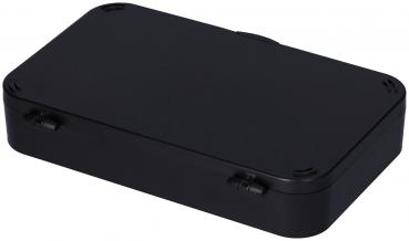 The image shows a rectangular box in matte black. It has rounded corners and flat handles on the sides. The box is closed and appears sturdy.