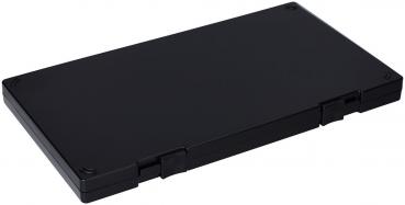 The image displays a rectangular, flat, black object. It has rounded corners and on one side, two small clasps. The surface is smooth and uniform.