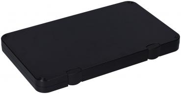 The image shows a rectangular, flat box in matte black color. The corners are slightly rounded, and there are two small hinges on the sides. The surface is smooth and unobtrusive.