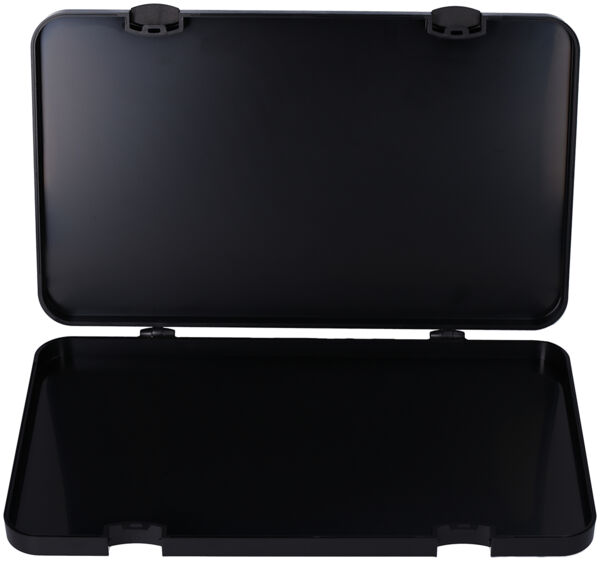 The image shows a black, rectangular case that is open. It has two clips at the top and a smooth, black interior. It appears functional and sturdy.