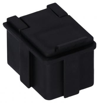 The image shows a small, square, black plastic container with a hinged lid and two side latches. It appears compact and sturdy.