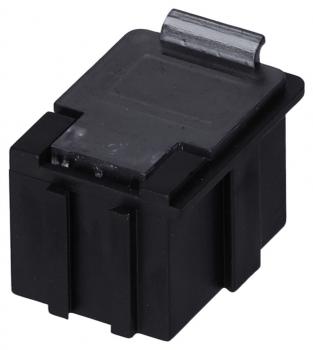 The image displays a black electronic plug with a flat surface and a metallic bracket on top. It features a rectangular shape and a recessed side.