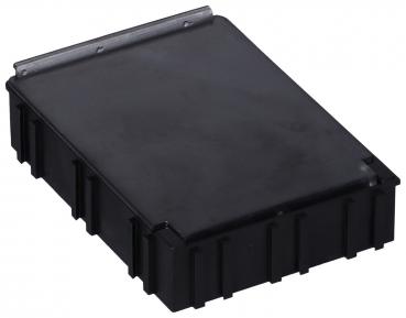 It is a rectangular, flat, black box with a slightly glossy top and a sturdy, textured side surface. The box has a metal tab on one edge.