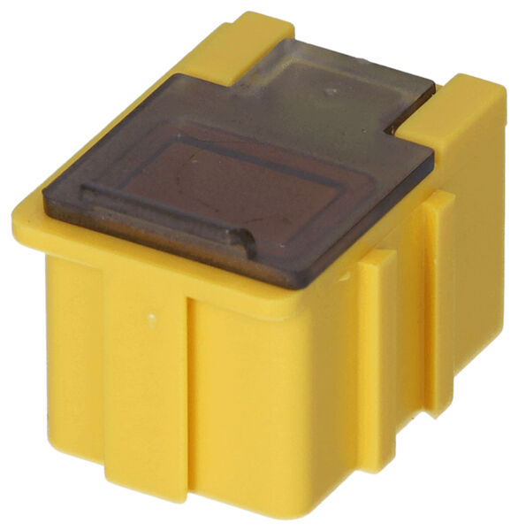 The image shows a small, rectangular plastic block in bright yellow. On the top, there is a dark, transparent area. The block has lateral notches.