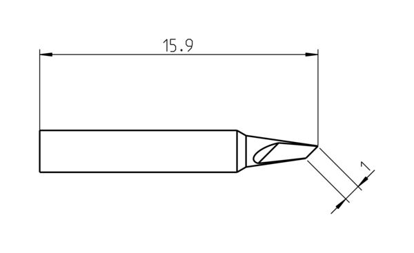 Das Bild zeigt eine technische Zeichnung eines Werkzeugs mit einer langen, schmalen Klinge, die an einem Ende spitz zuläuft. Gezeichnete Maße sind 15,9 mm und ein 1 mm Winkel.