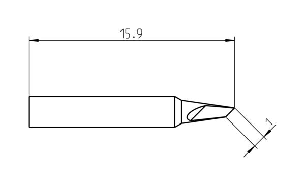 Das Bild zeigt eine technische Zeichnung eines Werkzeugs mit einer Länge von 15,9 mm. Es hat einen geraden Körper und eine schräg zulaufende, spitze Kante.