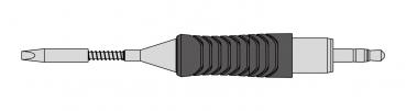 The image shows an elongated, gray object with a grooved center and two different ends. One end is narrower with a spring, the other is wider and flat.