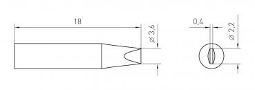 The image displays technical drawings of an object. On the left side, we see an elongated shape with a pointed tip and dimensions. On the right is a top view featuring a circular opening.