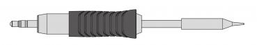 The image displays an elongated, gray object with a ridged, black handle in the center. At one end there is a pointed part, at the other end a small opening or tip.