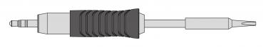 The image shows a screwdriver with a black, ridged handle and a narrow, flat blade. The blade is pointed and faces forward.