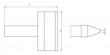 The image displays a technical drawing of a cylindrical object. It has a length of 27 mm, a width of 20 mm, and a pointed shape on the right side.