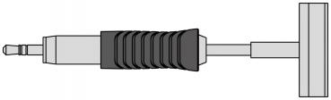 Das Bild zeigt einen Stecker mit einem runden, metallischen Ende und einem gummierten, schwarzen Griff. Der Stecker ist mit einem geraden Kabel verbunden und hat eine rechteckige Halterung.