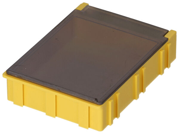 The image shows a rectangular, yellow container with a transparent, gray cover. The container has vertical ridges on the sides and is sturdy and lightweight.