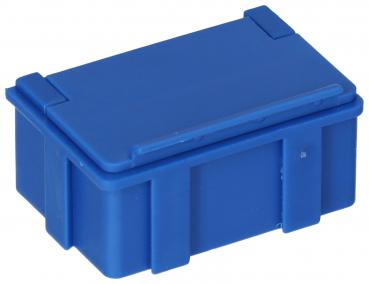 The image shows a rectangular, blue plastic box with a lid. The box has small bumps on the sides and could be used for storing items.