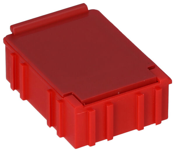 The image shows a rectangular, brightly red box with straight edges. It has a flap on the top and is equipped with grooves on the sides. The box is sturdy and compact.