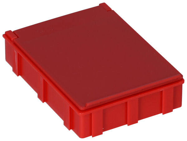 The image shows a red, rectangular box. It has a flat lid and is made of plastic. The surface is smooth, and the edges are slightly flattened. The box has side indentations for better grip.