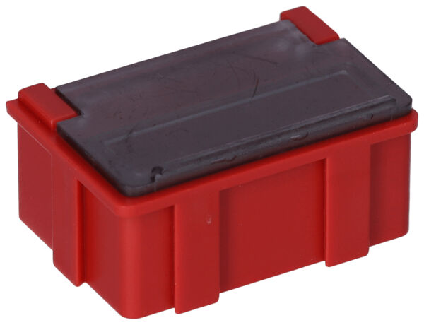 The image shows a rectangular, red plastic box with a black lid. The box has lateral grooves and a flat top. It is small and handy, ideal for storage.