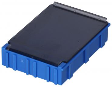 The image shows a rectangular box in bold blue with a flat, black lid. The edges are textured and the bottom has small bumps or grooves.