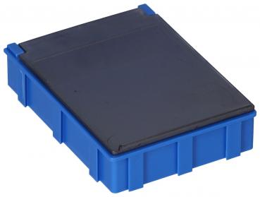 The image shows a rectangular box made of blue plastic. The top is black and smooth, while the sides have a textured, rounded shape.