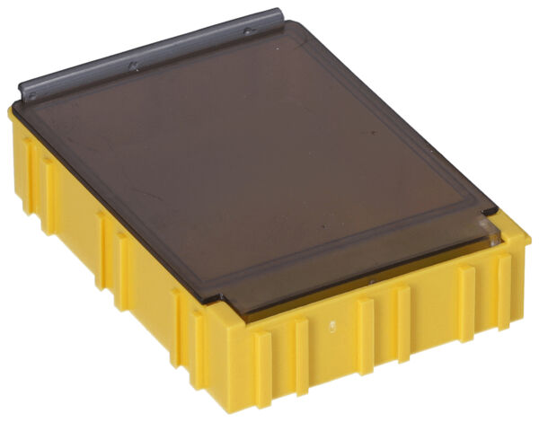 The image shows a rectangular box with a transparent top cover. The box is yellow and has a textured surface with grooves on the sides. It appears sturdy and can probably be used for storage.