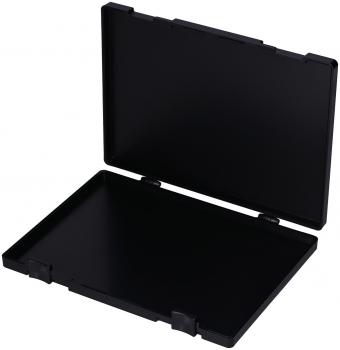 The image shows a black plastic container with a lid. It is rectangular and has a flat bottom. The lid is open and reveals the interior.