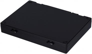 The image shows a rectangular, flat, black box with no special patterns or prints. The edges are straight, and the surface is smooth. There are four small recesses at the corners.