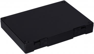 The image shows a rectangular, matte black box with rounded corners. It has a flat shape and probably opens, as there are small clasps on the sides.