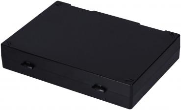 The image shows a black, rectangular, flat box with slightly rounded corners. It has two handle recesses on the sides and is plain, without any noticeable decorations.