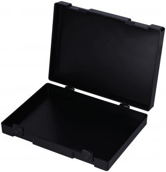 The image displays a black, rectangular box with a removable lid. The box is open in the center and has small clasps on the sides. The interior is shadowy and empty.