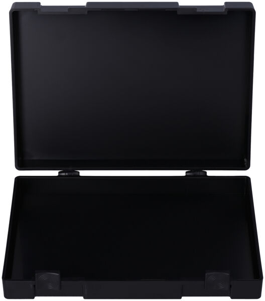 The image displays an open, rectangular suitcase made of black plastic. It features a sturdy hinge mechanism and a smooth, solid-colored surface without additional details.