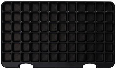 The image shows a rectangular, black plate with numerous small, square indentations arranged in a grid. There are a total of 48 compartments.