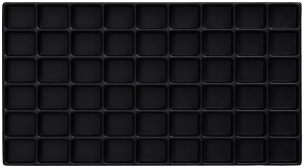 The image displays a rectangular, black tray with 64 small square compartments. The compartments are evenly arranged and are all the same size.