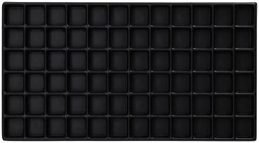 The image shows a rectangular, black plastic tray with 64 small, square compartments arranged in an 8x8 grid.