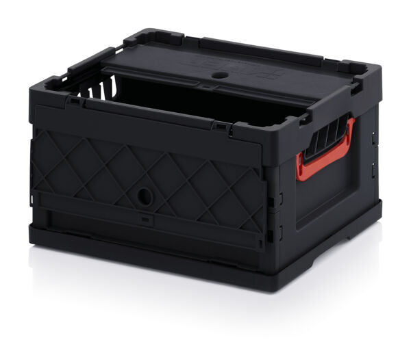 The image shows a black plastic crate with open sides and a red handle. It has a ridged pattern and appears to be stackable or foldable.