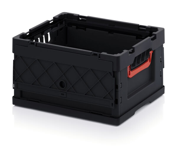 The image shows a black plastic box with open sides and a red-orange handle. The box has a diamond-shaped pattern on the sides and is stackable.