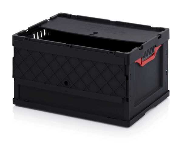 It is a black plastic box with a lid. The sides are smooth, the front has a red flap tab. There are ventilation holes on the top.