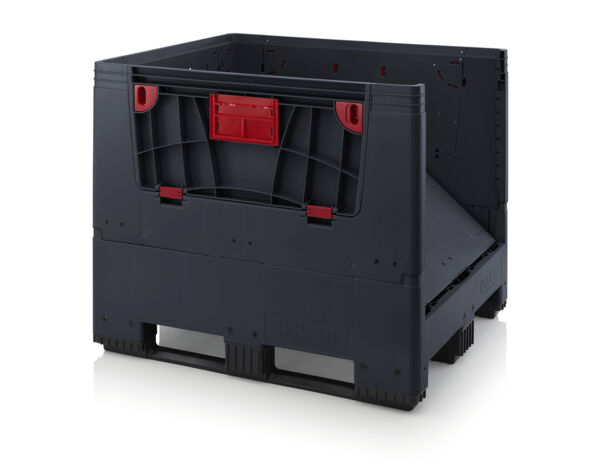 The image shows a rectangular stacking box made of black plastic with red elements. It has open sides and a sturdy construction, ideal for storage or transport.