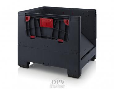 It is a black plastic box with red elements. The box has open sides and a sturdy, rectangular shape. It is suitable for transporting or storing items.