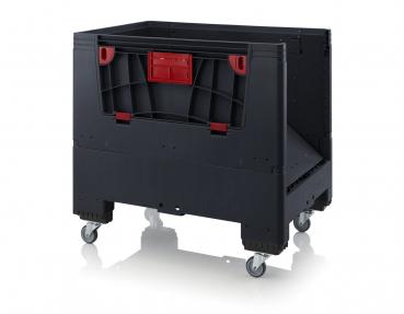 It is a large, black storage box with an open top area and red handles. It stands on four movable casters, which facilitate moving.