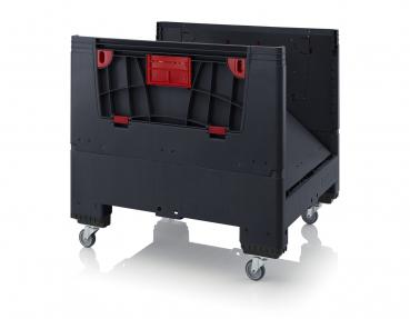 The image shows a black rolling cabinet with a red handle. It has a rectangular shape, wheels on the bottom, and is slightly open to reveal the interior structure.