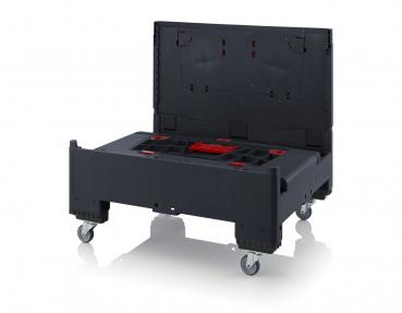 The image shows a black, rolling tool case with an open lid. Inside is a structured arrangement for tools, some of which are colored red.