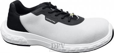 The shoe is a modern safety shoe with a white top and black sides. It has a sturdy sole and laces for good grip. Ideal for work environments.