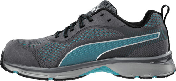 The shoe is a sporty sneaker in gray with blue accents. It has a breathable upper and a cushioned sole for comfort. The shoelaces are black.