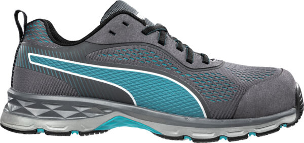 The shoe is sporty and lightweight, predominantly in gray with blue accents. It features a breathable surface, a non-slip sole, and laces. Ideal for activity and leisure.