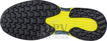 The image shows the sole of a sports shoe. It has a black, rubberized surface with a textured pattern and yellow, smooth areas. The shape is ergonomic and slightly curved.