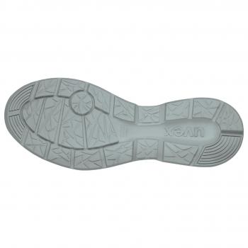 The image shows the underside of a shoe. The sole is light gray and features a textured pattern with various grooves and ridges that provide better grip.