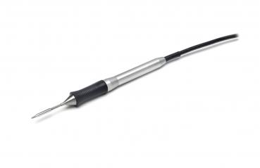 The image shows a slim, silver pen with a pointed, sharp tip. The grip is black and rubberized, and there is a cable branching off from the end of the pen.