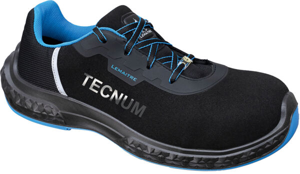 The shoe is black with blue accents. It has a sporty shape, a padded tongue, and a safety toe cap. The sole is grippy and robust, ideal for use in craft professions.