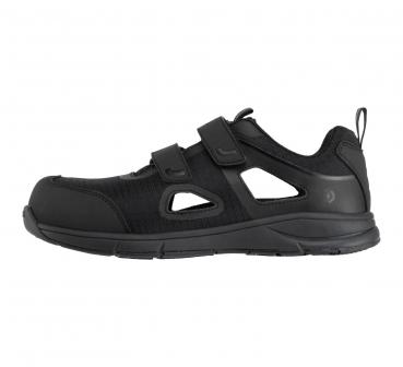 This is a black sports shoe with two Velcro straps. The shoe has a mid-top design and is made of breathable material with side cutouts.